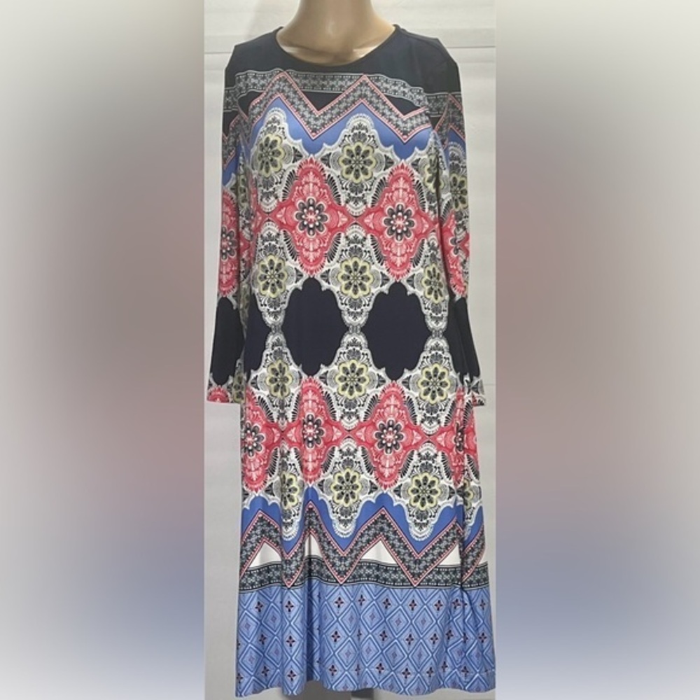 DONNA MORGAN BLUE AND GREY MULTICOLORED LONG SLEEVE DRESS SIZE 6